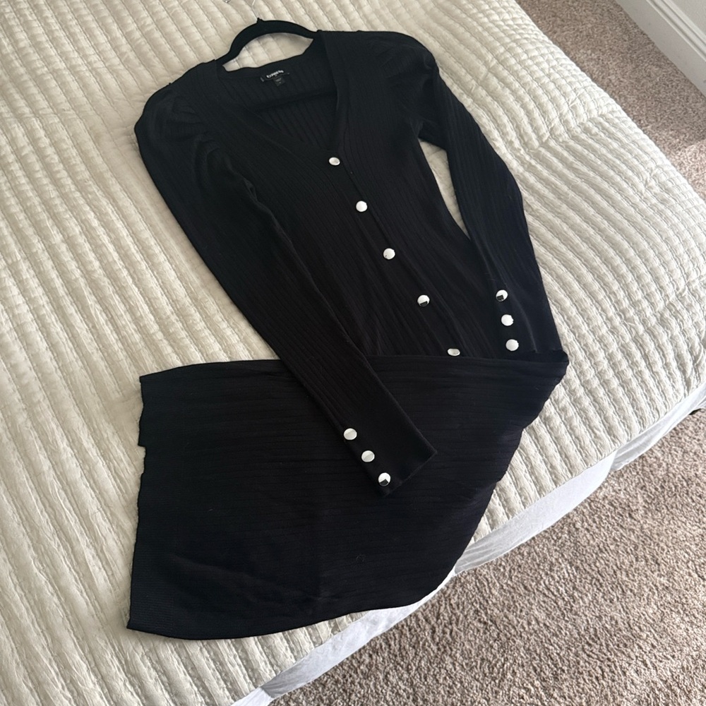 EXPRESS Black Ribbed Button-Accent Cardigan Dress